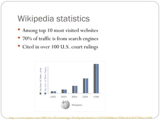 Wikipedia statistics  <ul><li>Among top 10 most visited websites </li></ul><ul><li>70% of traffic is from search engines <...