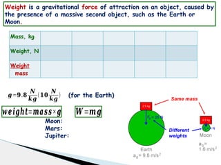 Mass, kg
Weight, N
Weight
mass
𝒘𝒆𝒊𝒈𝒉𝒕=𝒎𝒂𝒔𝒔×𝒈 𝑾=𝒎𝒈
𝒈=𝟗.𝟖
𝑵
𝒌𝒈
(𝟏𝟎
𝑵
𝒌𝒈
) (for the Earth)
Weight is a gravitational force of attraction on an object, caused by
the presence of a massive second object, such as the Earth or
Moon.
Moon:
Mars:
Jupiter:
 