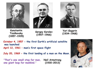 Konstantin
Tsiolkovsky
(1857-1935)
Sergey Korolev
(1907-1966)
Yuri Gagarin
(1934-1968)
October 4, 1957 - the first Earth’s artificial satellite
was launched
April 12, 1961 – man’s first space flight
July 20, 1969 - the first landing of a man on the Moon.
Neil Armstrong
(1930-2012)
"That's one small step for man,
one giant leap for mankind."
 