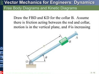 © 2013 The McGraw-Hill Companies, Inc. All rights reserved.
Vector Mechanics for Engineers: Dynamics
Vector Mechanics for Engineers: Dynamics
Tenth
Editio
Free Body Diagrams and Kinetic Diagrams
2 - 13
Draw the FBD and KD for the collar B. Assume
there is friction acting between the rod and collar,
motion is in the vertical plane, and  is increasing
 