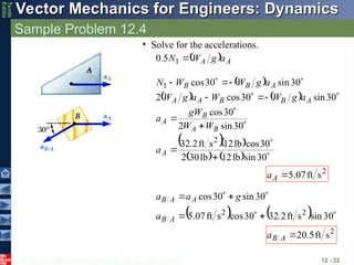 © 2013 The McGraw-Hill Companies, Inc. All rights reserved.
Vector Mechanics for Engineers: Dynamics
Vector Mechanics for Engineers: Dynamics
Tenth
Editio
Sample Problem 12.4
12 - 22
  A
A a
g
W
N 
1
5
.
0
• Solve for the accelerations.
 
   
  
    

















30
sin
lb
12
lb
30
2
30
cos
lb
12
s
ft
2
.
32
30
sin
2
30
cos
30
sin
30
cos
2
30
sin
30
cos
2
1
A
B
A
B
A
A
B
B
A
A
A
B
B
a
W
W
gW
a
a
g
W
W
a
g
W
a
g
W
W
N
2
s
ft
07
.
5

A
a
    







30
sin
s
ft
2
.
32
30
cos
s
ft
07
.
5
30
sin
30
cos
2
2
A
B
A
A
B
a
g
a
a
2
s
ft
5
.
20

A
B
a
 