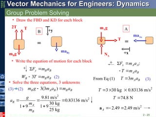 © 2013 The McGraw-Hill Companies, Inc. All rights reserved.
Vector Mechanics for Engineers: Dynamics
Vector Mechanics for Engineers: Dynamics
Tenth
Editio
Group Problem Solving
2 - 25
:
 
x A A
F m a
  A B
T m a
3 A B
T m a

y B B
F m a
 
3(3 )
B A B B B
m g m a m a
 
2
2
9.81 m/s
0.83136 m/s
30 kg
1 9
1 9
25 kg
B
A
B
g
a
m
m
  

 2
2.49 2.49 m/s
A  
a
2
3 30 kg 0.83136 m/s
T   
74.8 N
T 
• Draw the FBD and KD for each block
mAg
T
NA
maAx
mBg
2T T
maBy
• Write the equation of motion for each block
=
=
From Eq (1)
(2) (3)
3
B B B
W T m a
 
(2)
(3)
B
A
• Solve the three equations, 3 unknowns
+y
+x
 