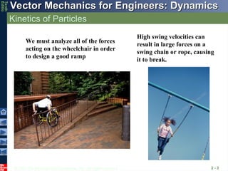 © 2013 The McGraw-Hill Companies, Inc. All rights reserved.
Vector Mechanics for Engineers: Dynamics
Vector Mechanics for Engineers: Dynamics
Tenth
Editio
Kinetics of Particles
2 - 3
We must analyze all of the forces
acting on the wheelchair in order
to design a good ramp
High swing velocities can
result in large forces on a
swing chain or rope, causing
it to break.
 