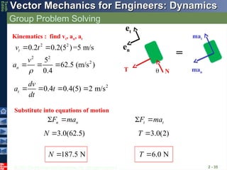 © 2013 The McGraw-Hill Companies, Inc. All rights reserved.
Vector Mechanics for Engineers: Dynamics
Vector Mechanics for Engineers: Dynamics
Tenth
Editio
Group Problem Solving
2 - 35
man
T N
et
en
mat
=
2 2
2
5
62.5 (m/s )
0.4
n
v
a

  
2
0.4 0.4(5) 2 m/s
t
dv
a t
dt
   
Kinematics : find vt, an, at
2 2
0.2 0.2(5 )=5 m/s
t
v t
 
Substitute into equations of motion
3.0(62.5)
N  3.0(2)
T 
187.5 N
N  6.0 N
T 

n n
F ma
  t t
F ma
 
 