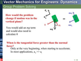 © 2013 The McGraw-Hill Companies, Inc. All rights reserved.
Vector Mechanics for Engineers: Dynamics
Vector Mechanics for Engineers: Dynamics
Tenth
Editio
Group Problem Solving
2 - 36
man
T N
et
en
mat
=
How would the problem
change if motion was in the
vertical plane?
mg

You would add an mg term
and would also need to
calculate 
When is the tangential force greater than the normal
force?
Only at the very beginning, when starting to accelerate.
In most applications, an >> at
 
