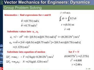 © 2013 The McGraw-Hill Companies, Inc. All rights reserved.
Vector Mechanics for Engineers: Dynamics
Vector Mechanics for Engineers: Dynamics
Tenth
Editio
Group Problem Solving
2 - 44
3 2
: (3 kg)( 0.28125 ) m/s
r r
F ma T t
    
2
: (3 kg)(1.125 ) m/s
B
F m a N t
 
  
0 0
0.5
r t
dr dt

 
(0.5 ) m
r t

0
r 

2
(0.75 ) rad/s
0.75 rad/s
t






2 2 3 2
0 [(0.5 ) m][(0.75 ) rad/s] (0.28125 ) m/s
r
a r r t t t

    


2
2
2 [(0.5 ) m][0.75 rad/s ] 2(0.5 m/s)[(0.75 ) rad/s]
(1.125 ) m/s
a r r t t
t
  
   

 

Kinematics : find expressions for r and 
Substitute values into ar , a
Substitute into equation of motion
3
(0.84375 ) (3.375 )
t t

2
4.000
t 
2.00 s
t 
Set T = N
5 m/s
r 

 