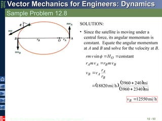 © 2013 The McGraw-Hill Companies, Inc. All rights reserved.
Vector Mechanics for Engineers: Dynamics
Vector Mechanics for Engineers: Dynamics
Tenth
Editio
Sample Problem 12.8
12 - 53
SOLUTION:
• Since the satellite is moving under a
central force, its angular momentum is
constant. Equate the angular momentum
at A and B and solve for the velocity at B.
   
 mi
2340
3960
mi
240
3960
h
mi
18820
constant
sin







B
A
A
B
B
B
A
A
O
r
r
v
v
v
m
r
v
m
r
H
v
rm 
h
mi
12550

B
v
 