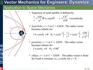 © 2013 The McGraw-Hill Companies, Inc. All rights reserved.
Vector Mechanics for Engineers: Dynamics
Vector Mechanics for Engineers: Dynamics
Tenth
Editio
Application to Space Mechanics
12 - 56
  ty
eccentrici
cos
1
1 2
2




GM
h
C
h
GM
r



• Trajectory of earth satellite is defined by
• hyperbola,  > 1 or C > GM/h2
. The radius vector
becomes infinite for





















 

2
1
1
1
1 cos
1
cos
0
cos
1
h
C
GM




• parabola,  = 1 or C = GM/h2
. The radius vector
becomes infinite for



 180
0
cos
1 2
2 

• ellipse,  < 1 or C < GM/h2
. The radius vector is finite
for  and is constant, i.e., a circle, for  < 0.
 