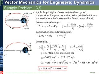 © 2013 The McGraw-Hill Companies, Inc. All rights reserved.
Vector Mechanics for Engineers: Dynamics
Tenth
Edition
Sample Problem 13.9
13 - 51
• Apply the principles of conservation of energy and
conservation of angular momentum to the points of minimum
and maximum altitude to determine the maximum altitude.
Conservation of energy:
1
2
1
2
1
0
2
0
2
1
r
GMm
mv
r
GMm
mv
V
T
V
T A
A
A
A 




 

Conservation of angular momentum:
1
0
0
1
1
1
0
0
r
r
v
v
mv
r
mv
r 

Combining,
2
0
0
1
0
1
0
0
2
1
2
0
2
0
2
1 2
1
1
1
v
r
GM
r
r
r
r
r
GM
r
r
v 




















   2
3
12
2
6
2
2
6
0
0
s
m
10
398
m
10
37
.
6
s
m
81
.
9
s
m
10
25
.
10
h
km
36900
km
6870
km
500
km
6370











gR
GM
v
r
km
60400
m
10
4
.
60 6
1 


r
 