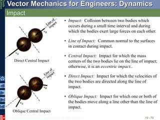 © 2013 The McGraw-Hill Companies, Inc. All rights reserved.
Vector Mechanics for Engineers: Dynamics
Tenth
Edition
Impact
13 - 73
• Impact: Collision between two bodies which
occurs during a small time interval and during
which the bodies exert large forces on each other.
• Line of Impact: Common normal to the surfaces
in contact during impact.
• Central Impact: Impact for which the mass
centers of the two bodies lie on the line of impact;
otherwise, it is an eccentric impact..
Direct Central Impact
• Direct Impact: Impact for which the velocities of
the two bodies are directed along the line of
impact.
Oblique Central Impact
• Oblique Impact: Impact for which one or both of
the bodies move along a line other than the line of
impact.
 