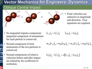 © 2013 The McGraw-Hill Companies, Inc. All rights reserved.
Vector Mechanics for Engineers: Dynamics
Tenth
Edition
Oblique Central Impact
13 - 76
• Final velocities are
unknown in magnitude
and direction. Four
equations are required.
• No tangential impulse component;
tangential component of momentum
for each particle is conserved.
       t
B
t
B
t
A
t
A v
v
v
v 



• Normal component of total
momentum of the two particles is
conserved.
       n
B
B
n
A
A
n
B
B
n
A
A v
m
v
m
v
m
v
m 




• Normal components of relative
velocities before and after impact
are related by the coefficient of
restitution.
       
 
n
B
n
A
n
A
n
B v
v
e
v
v 




 