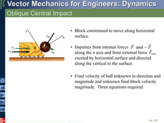 © 2013 The McGraw-Hill Companies, Inc. All rights reserved.
Vector Mechanics for Engineers: Dynamics
Tenth
Edition
Oblique Central Impact
13 - 77
• Block constrained to move along horizontal
surface.
• Impulses from internal forces
along the n axis and from external force
exerted by horizontal surface and directed
along the vertical to the surface.
F
F



and
ext
F

• Final velocity of ball unknown in direction and
magnitude and unknown final block velocity
magnitude. Three equations required.
 
