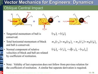 © 2013 The McGraw-Hill Companies, Inc. All rights reserved.
Vector Mechanics for Engineers: Dynamics
Tenth
Edition
Oblique Central Impact
13 - 78
• Tangential momentum of ball is
conserved.
   t
B
t
B v
v 

• Total horizontal momentum of block
and ball is conserved.
       x
B
B
A
A
x
B
B
A
A v
m
v
m
v
m
v
m 




• Normal component of relative
velocities of block and ball are related
by coefficient of restitution.
       
 
n
B
n
A
n
A
n
B v
v
e
v
v 




• Note: Validity of last expression does not follow from previous relation for
the coefficient of restitution. A similar but separate derivation is required.
 