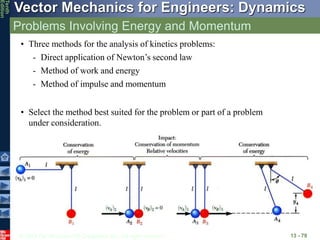 © 2013 The McGraw-Hill Companies, Inc. All rights reserved.
Vector Mechanics for Engineers: Dynamics
Tenth
Edition
Problems Involving Energy and Momentum
13 - 79
• Three methods for the analysis of kinetics problems:
- Direct application of Newton’s second law
- Method of work and energy
- Method of impulse and momentum
• Select the method best suited for the problem or part of a problem
under consideration.
 