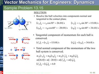 © 2013 The McGraw-Hill Companies, Inc. All rights reserved.
Vector Mechanics for Engineers: Dynamics
Tenth
Edition
Sample Problem 13.15
13 - 83
SOLUTION:
• Resolve the ball velocities into components normal and
tangential to the contact plane.
  s
ft
0
.
26
30
cos 

 A
n
A v
v   s
ft
0
.
15
30
sin 

 A
t
A v
v
  s
ft
0
.
20
60
cos 



 B
n
B v
v   s
ft
6
.
34
60
sin 

 B
t
B v
v
• Tangential component of momentum for each ball is
conserved.
    s
ft
0
.
15


 t
A
t
A v
v     s
ft
6
.
34


 t
B
t
B v
v
• Total normal component of the momentum of the two
ball system is conserved.
       
       
    0
.
6
0
.
20
0
.
26















n
B
n
A
n
B
n
A
n
B
B
n
A
A
n
B
B
n
A
A
v
v
v
m
v
m
m
m
v
m
v
m
v
m
v
m
 