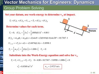 © 2013 The McGraw-Hill Companies, Inc. All rights reserved.
Vector Mechanics for Engineers: Dynamics
Tenth
Edition
Group Problem Solving
2 - 93
Set your datum, use work-energy to determine vA at impact.
1
2
Datum
x
d
1 1 1 1 2 2 2 2
( ) ( ) ( ) ( )
e g e g
T V V U T V V

     
Determine values for each term.
2 2
1 1 1
1 1
0, ( ) (800)(0.1) 4.00 J
2 2
e
T V k x
   
1 1
( ) ( )sin (2)(9.81)(1.6)sin20 10.7367 J
g A A
V m gh m g x d 
     
1 2 ( ) (3.6874)(1.6) 5.8998 J
f
U F x d
       
2 2 2
2 2
1 1
(1)( ) 1.000 0
2 2
A A A A
T m v v v V
   
2
1 1 1 2 2 2: 0 4.00 10.7367 5.8998 1.000 0
A
T V U T V v

        
2 2 2
8.8369 m /s
A
v  2.9727 m/s
A 
v
Substitute into the Work-Energy equation and solve for vA
 