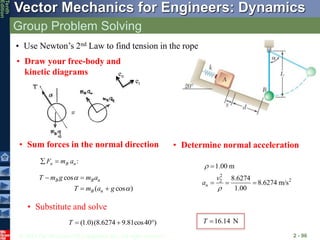 © 2013 The McGraw-Hill Companies, Inc. All rights reserved.
Vector Mechanics for Engineers: Dynamics
Tenth
Edition
Group Problem Solving
2 - 96
• Use Newton’s 2nd Law to find tension in the rope
• Draw your free-body and
kinetic diagrams
:
n B n
F m a
 
cos
( cos )
B B n
B n
T m g m a
T m a g


 
 
et
en
2
2
2
1.00 m
8.6274
8.6274 m/s
1.00
n
v
a



  
(1.0)(8.6274 9.81cos40 )
T   
• Sum forces in the normal direction • Determine normal acceleration
16.14 N
T 
• Substitute and solve
 