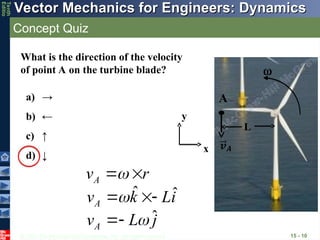 © 2013 The McGraw-Hill Companies, Inc. All rights reserved.
Vector Mechanics for Engineers: Dynamics
Vector Mechanics for Engineers: Dynamics
Tenth
Editio
Concept Quiz
15 - 10
What is the direction of the velocity
of point A on the turbine blade?
A
a) →
b) ←
c) ↑
d) ↓
A
v r

 

 
x
y
ˆ ˆ
A
v k Li

 

ˆ
A
v L j




L
 