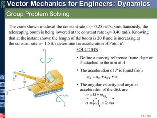 © 2013 The McGraw-Hill Companies, Inc. All rights reserved.
Vector Mechanics for Engineers: Dynamics
Vector Mechanics for Engineers: Dynamics
Tenth
Editio
Group Problem Solving
15 - 102
The crane shown rotates at the constant rate 1= 0.25 rad/s; simultaneously, the
telescoping boom is being lowered at the constant rate 2= 0.40 rad/s. Knowing
that at the instant shown the length of the boom is 20 ft and is increasing at
the constant rate u= 1.5 ft/s determine the acceleration of Point B.
SOLUTION:
• Define a moving reference frame Axyz or
F attached to the arm at A.
• The acceleration of P is found from
'
B B B c
a a a a
  
F
   
• The angular velocity and angular
acceleration of the disk are
 
B
 
  
 
 
F
F

 

  

 