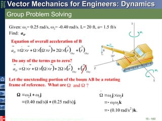 © 2013 The McGraw-Hill Companies, Inc. All rights reserved.
Vector Mechanics for Engineers: Dynamics
Vector Mechanics for Engineers: Dynamics
Tenth
Editio
Group Problem Solving
15 - 103
Given: 1= 0.25 rad/s, 2= -0.40 rad/s. L= 20 ft, u= 1.5 ft/s
Find: aB.
Equation of overall acceleration of B
     
2
D
Oxy Oxy
a r r r r
     
   
    
  
Do any of the terms go to zero?
     
2
D
Oxy Oxy
a r r r r
     
   
    
  
Let the unextending portion of the boom AB be a rotating
frame of reference. What are and ?
 
 

2 1
(0.40 rad/s) (0.25 rad/s) .
 
 
 
i j
i j
 1 2
1 2
2
(0.10 rad/s ) .
 
 
  


j i
k
k


 