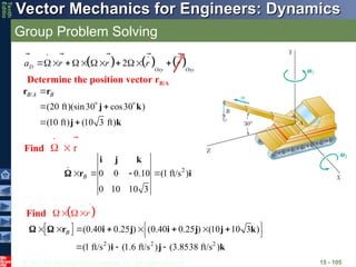 © 2013 The McGraw-Hill Companies, Inc. All rights reserved.
Vector Mechanics for Engineers: Dynamics
Vector Mechanics for Engineers: Dynamics
Tenth
Editio
Group Problem Solving
15 - 105
Find
     
2
D
Oxy Oxy
a r r r r
     
   
    
  
2
0 0 0.10 (1 ft/s )
0 10 10 3
B
   
i j k
r i


r
 
 

Find  
r
 
  
 
2 2 2
(0.40 0.25 ) (0.40 0.25 ) (10 10 3 )
(1 ft/s ) (1.6 ft/s ) (3.8538 ft/s )
B
 
       
 
  
r i j i j j k
i j k
 
/
(20 ft)(sin30 cos30 )
(10 ft) (10 3 ft)
B A B

   
 
r r
j k
j k
Determine the position vector rB/A
 
