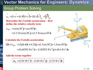 © 2013 The McGraw-Hill Companies, Inc. All rights reserved.
Vector Mechanics for Engineers: Dynamics
Vector Mechanics for Engineers: Dynamics
Tenth
Editio
Group Problem Solving
15 - 106
     
2
D
Oxy Oxy
a r r r r
     
   
    
  
Determine the Coriolis acceleration – first
define the relative velocity term
/ (sin30 cos30 )
(1.5 ft/s)sin30 (1.5 ft/s)cos30
B F u
   
   
v j k
j k
/
2 2 2
2 (2)(0.40 0.25 ) (1.5sin30 1.5cos30 )
(0.64592 ft/s ) (1.03923 ft/s ) (0.6 ft/s )
B F
      
  
Ω v i j j k
i j k
Calculate the Coriolis acceleration
Add the terms together
2 2 2
(2.65 ft/s ) (2.64 ft/s ) (3.25 ft/s )
B   
a i j k
 
