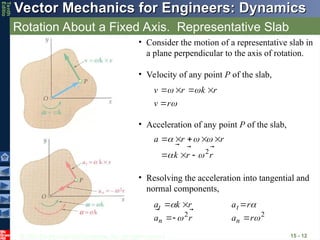 © 2013 The McGraw-Hill Companies, Inc. All rights reserved.
Vector Mechanics for Engineers: Dynamics
Vector Mechanics for Engineers: Dynamics
Tenth
Editio
Rotation About a Fixed Axis. Representative Slab
15 - 12
• Consider the motion of a representative slab in
a plane perpendicular to the axis of rotation.
• Velocity of any point P of the slab,



r
v
r
k
r
v










• Acceleration of any point P of the slab,
r
r
k
r
r
a









2













• Resolving the acceleration into tangential and
normal components,
2
2




r
a
r
a
r
a
r
k
a
n
n
t
t











 