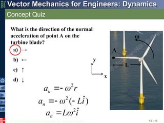 © 2013 The McGraw-Hill Companies, Inc. All rights reserved.
Vector Mechanics for Engineers: Dynamics
Vector Mechanics for Engineers: Dynamics
Tenth
Editio
Concept Quiz
15 - 13
What is the direction of the normal
acceleration of point A on the
turbine blade?
A
a) →
b) ←
c) ↑
d) ↓
2
n
a r


 
x
y
2 ˆ
( )
n
a Li

 

2 ˆ
n
a L i




L
 