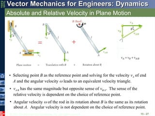 © 2013 The McGraw-Hill Companies, Inc. All rights reserved.
Vector Mechanics for Engineers: Dynamics
Vector Mechanics for Engineers: Dynamics
Tenth
Editio
Absolute and Relative Velocity in Plane Motion
15 - 27
• Selecting point B as the reference point and solving for the velocity vA of end
A and the angular velocity  leads to an equivalent velocity triangle.
• vA/B has the same magnitude but opposite sense of vB/A. The sense of the
relative velocity is dependent on the choice of reference point.
• Angular velocity  of the rod in its rotation about B is the same as its rotation
about A. Angular velocity is not dependent on the choice of reference point.
 