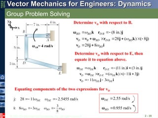 © 2013 The McGraw-Hill Companies, Inc. All rights reserved.
Vector Mechanics for Engineers: Dynamics
Vector Mechanics for Engineers: Dynamics
Tenth
Editio
Group Problem Solving
2 - 39
Determine vD with respect to B.
AB= 4 rad/s
x
y
/
/
(8 in.)
28 ( ) ( 8 )
28 8
BD BD D B
D B BD D B BD
D BD



 
      
 
k r j
v v r j k j
v j i


/
/
(11 in.) (3 in.)
( ) ( 11 3 )
11 3
DE DE D E
D DE D E DE
D DE DE


 
  
     
 
k r i j
v r k i j
v j i


Determine vD with respect to E, then
equate it to equation above.
Equating components of the two expressions for vD
,
D
v
j: 28 11 2.5455 rad/s
DE DE
 
 
3
: 8 3
8
BD DE BD BD
   
 
i 0.955 rad/s
BD 

2.55 rad/s
DE 

 