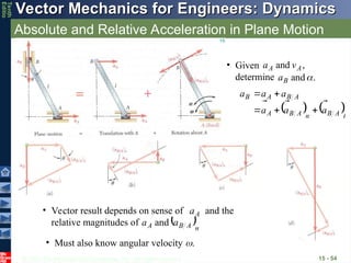 © 2013 The McGraw-Hill Companies, Inc. All rights reserved.
Vector Mechanics for Engineers: Dynamics
Vector Mechanics for Engineers: Dynamics
Tenth
Editio
Absolute and Relative Acceleration in Plane Motion
15 - 54
• Given
determine
,
and A
A v
a


.
and


B
a
   t
A
B
n
A
B
A
A
B
A
B
a
a
a
a
a
a











• Vector result depends on sense of and the
relative magnitudes of  n
A
B
A a
a and
A
a

• Must also know angular velocity .
 