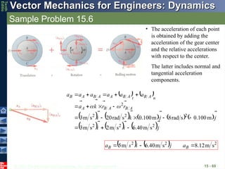 © 2013 The McGraw-Hill Companies, Inc. All rights reserved.
Vector Mechanics for Engineers: Dynamics
Vector Mechanics for Engineers: Dynamics
Tenth
Editio
Sample Problem 15.6
15 - 60
   
         
     j
i
i
j
j
k
i
r
r
k
a
a
a
a
a
a
a
A
B
A
B
A
n
A
B
t
A
B
A
A
B
A
B

















2
2
2
2
2
2
2
s
m
40
.
6
s
m
2
s
m
3
m
100
.
0
s
rad
8
m
100
.
0
s
rad
20
s
m
3



















    2
2
2
s
m
12
.
8
s
m
40
.
6
m
5 

 B
B a
j
i
s
a



• The acceleration of each point
is obtained by adding the
acceleration of the gear center
and the relative accelerations
with respect to the center.
The latter includes normal and
tangential acceleration
components.
 