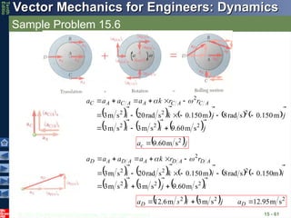 © 2013 The McGraw-Hill Companies, Inc. All rights reserved.
Vector Mechanics for Engineers: Dynamics
Vector Mechanics for Engineers: Dynamics
Tenth
Editio
Sample Problem 15.6
15 - 61
         
     j
i
i
j
j
k
i
r
r
k
a
a
a
a A
C
A
C
A
A
C
A
C














2
2
2
2
2
2
2
s
m
60
.
9
s
m
3
s
m
3
m
150
.
0
s
rad
8
m
150
.
0
s
rad
20
s
m
3














 

 j
ac

 2
s
m
60
.
9

         
     i
j
i
i
i
k
i
r
r
k
a
a
a
a A
D
A
D
A
A
D
A
D














2
2
2
2
2
2
2
s
m
60
.
9
s
m
3
s
m
3
m
150
.
0
s
rad
8
m
150
.
0
s
rad
20
s
m
3














 

    2
2
2
s
m
95
.
12
s
m
3
m
6
.
12 

 D
D a
j
i
s
a



 