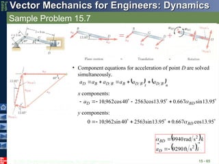 © 2013 The McGraw-Hill Companies, Inc. All rights reserved.
Vector Mechanics for Engineers: Dynamics
Vector Mechanics for Engineers: Dynamics
Tenth
Editio
Sample Problem 15.7
15 - 65
   n
B
D
t
B
D
B
B
D
B
D a
a
a
a
a
a











• Component equations for acceleration of point D are solved
simultaneously.
x components:







 95
.
13
sin
667
.
0
95
.
13
cos
2563
40
cos
962
,
10 BD
D
a 






 95
.
13
cos
667
.
0
95
.
13
sin
2563
40
sin
962
,
10
0 BD

y components:
 
 i
a
k
D
BD




2
2
s
ft
9290
s
rad
9940




 