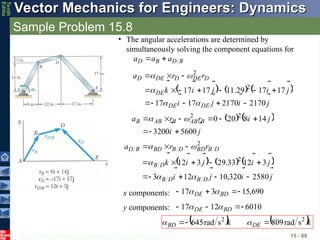 © 2013 The McGraw-Hill Companies, Inc. All rights reserved.
Vector Mechanics for Engineers: Dynamics
Vector Mechanics for Engineers: Dynamics
Tenth
Editio
Sample Problem 15.8
15 - 68
• The angular accelerations are determined by
simultaneously solving the component equations for
B
D
B
D a
a
a





     
j
i
j
i
j
i
j
i
k
r
r
a
DE
DE
DE
D
DE
D
DE
D













2170
2170
17
17
17
17
29
.
11
17
17 2
2




















   
j
i
j
i
r
r
a B
AB
B
AB
B








5600
3200
14
8
20
0 2
2








 

     
j
i
j
i
j
i
j
i
k
r
r
a
D
B
D
B
D
B
D
B
BD
D
B
BD
B
D













2580
320
,
10
12
3
3
12
33
.
29
3
12 2
2


















x components: 690
,
15
3
17 


 BD
DE 

y components: 6010
12
17 


 BD
DE 

   k
k DE
BD



 2
2
s
rad
809
s
rad
645 

 

 