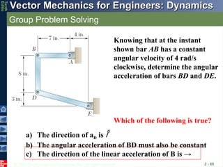 © 2013 The McGraw-Hill Companies, Inc. All rights reserved.
Vector Mechanics for Engineers: Dynamics
Vector Mechanics for Engineers: Dynamics
Tenth
Editio
Group Problem Solving
2 - 69
Knowing that at the instant
shown bar AB has a constant
angular velocity of 4 rad/s
clockwise, determine the angular
acceleration of bars BD and DE.
Which of the following is true?
a) The direction of aD is
b) The angular acceleration of BD must also be constant
c) The direction of the linear acceleration of B is →
 