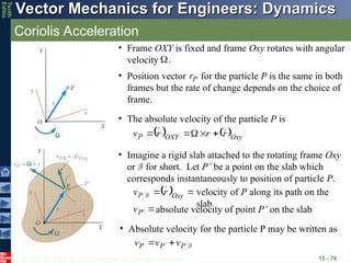© 2013 The McGraw-Hill Companies, Inc. All rights reserved.
Vector Mechanics for Engineers: Dynamics
Vector Mechanics for Engineers: Dynamics
Tenth
Editio
Coriolis Acceleration
15 - 76
• Frame OXY is fixed and frame Oxy rotates with angular
velocity .


• Position vector for the particle P is the same in both
frames but the rate of change depends on the choice of
frame.
P
r

• The absolute velocity of the particle P is
   Oxy
OXY
P r
r
r
v 










• Imagine a rigid slab attached to the rotating frame Oxy
or F for short. Let P’ be a point on the slab which
corresponds instantaneously to position of particle P.
  
 Oxy
P r
v 


F velocity of P along its path on the
slab

'
P
v

absolute velocity of point P’ on the slab
• Absolute velocity for the particle P may be written as
F
P
P
P v
v
v




 
 