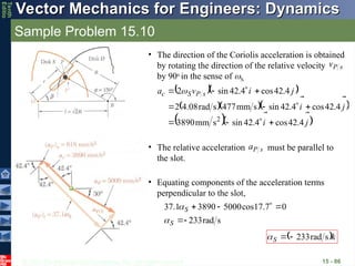 © 2013 The McGraw-Hill Companies, Inc. All rights reserved.
Vector Mechanics for Engineers: Dynamics
Vector Mechanics for Engineers: Dynamics
Tenth
Editio
Sample Problem 15.10
15 - 86
• The relative acceleration must be parallel to
the slot.
s
P
a

s
P
v

• The direction of the Coriolis acceleration is obtained
by rotating the direction of the relative velocity
by 90o
in the sense of S.
  
   
  
j
i
j
i
j
i
v
a s
P
S
c







4
.
42
cos
4
.
42
sin
s
mm
3890
4
.
42
cos
4
.
42
sin
s
mm
477
s
rad
08
.
4
2
4
.
42
cos
4
.
42
sin
2
2











 
• Equating components of the acceleration terms
perpendicular to the slot,
s
rad
233
0
7
.
17
cos
5000
3890
1
.
37






S
S


 k
S


s
rad
233



 