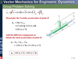 © 2013 The McGraw-Hill Companies, Inc. All rights reserved.
Vector Mechanics for Engineers: Dynamics
Vector Mechanics for Engineers: Dynamics
Tenth
Editio
Group Problem Solving
2 - 89
Determine the Coriolis acceleration of point D
     
2
D
Oxy Oxy
a r r r r
     
   
    
  
/
2
2
(3 rad/s) (16 in./s)
(96 in./s )
C D F
 
 

a v
j k
i

/
2 2
(108 in./s ) 0 (96 in./s )
D D D F C

  
  
a a a a
k i
Add the different components to
obtain the total acceleration of point D
2 2
(96 in./s ) (108 in./s )
D  
a i k
 