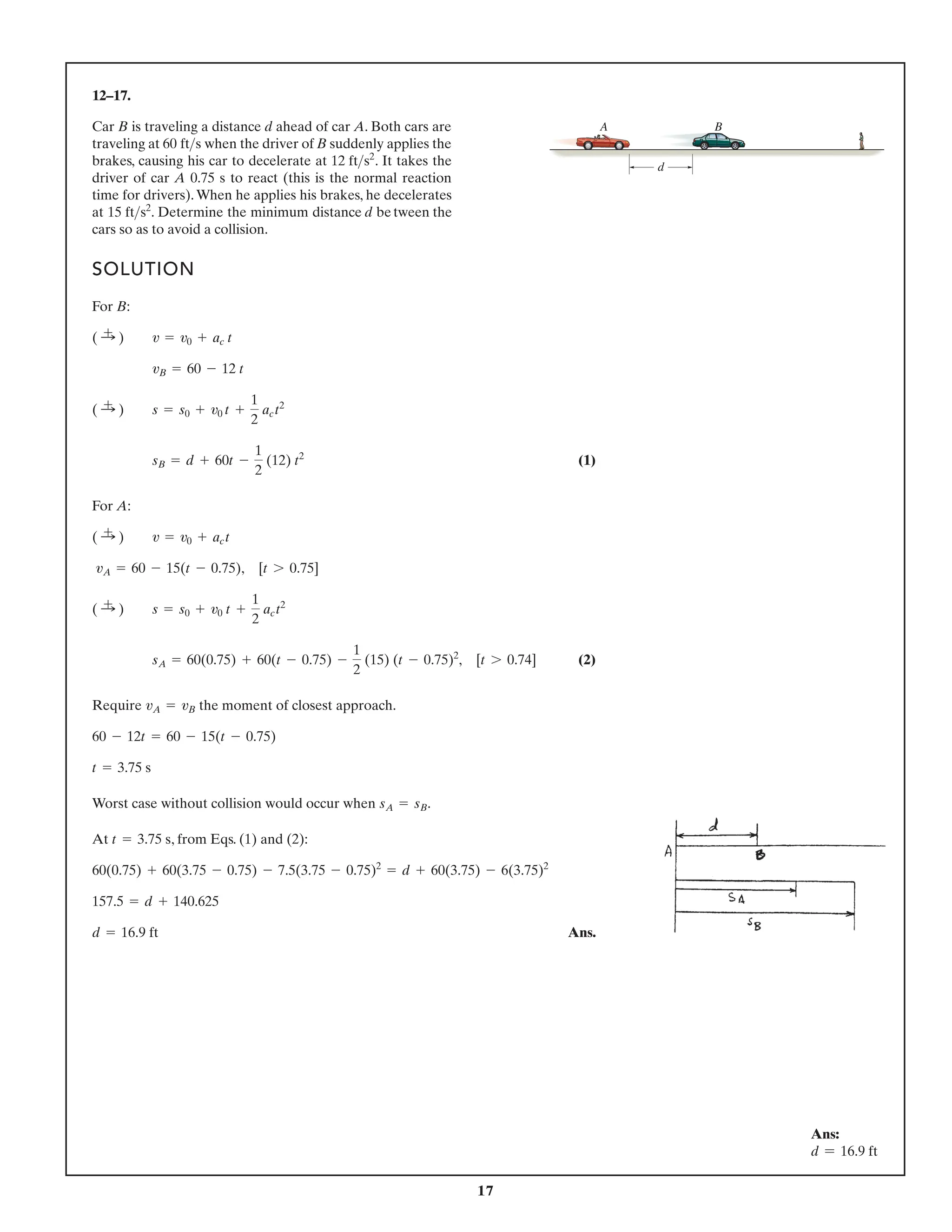 17
12–17.
SOLUTION
For B:
(1)
For A:
(2)
Require the moment of closest approach.
Worst case without collision would occur when .
At , from Eqs. (1) and (2):
Ans.
d = 16.9 ft
157.5 = d + 140.625
60(0.75) + 60(3.75 - 0.75) - 7.5(3.75 - 0.75)2
= d + 60(3.75) - 6(3.75)2
t = 3.75 s
sA = sB
t = 3.75 s
60 - 12t = 60 - 15(t - 0.75)
vA = vB
sA = 60(0.75) + 60(t - 0.75) -
1
2
(15) (t - 0.75)2
, [t 7 0.74]
( :
+ ) s = s0 + v0 t +
1
2
act2
vA = 60 - 15(t - 0.75), [t 7 0.75]
( :
+ ) v = v0 + act
sB = d + 60t -
1
2
(12) t2
( :
+ ) s = s0 + v0 t +
1
2
act2
vB = 60 - 12 t
( :
+ ) v = v0 + ac t
Car B is traveling a distance d ahead of car A. Both cars are
traveling at when the driver of B suddenly applies the
brakes, causing his car to decelerate at . It takes the
driver of car A 0.75 s to react (this is the normal reaction
time for drivers).When he applies his brakes, he decelerates
at . Determine the minimum distance d between the
cars so as to avoid a collision.
15 fts2
12 fts2
60 fts
d
A B
Ans:
d = 16.9 ft
 