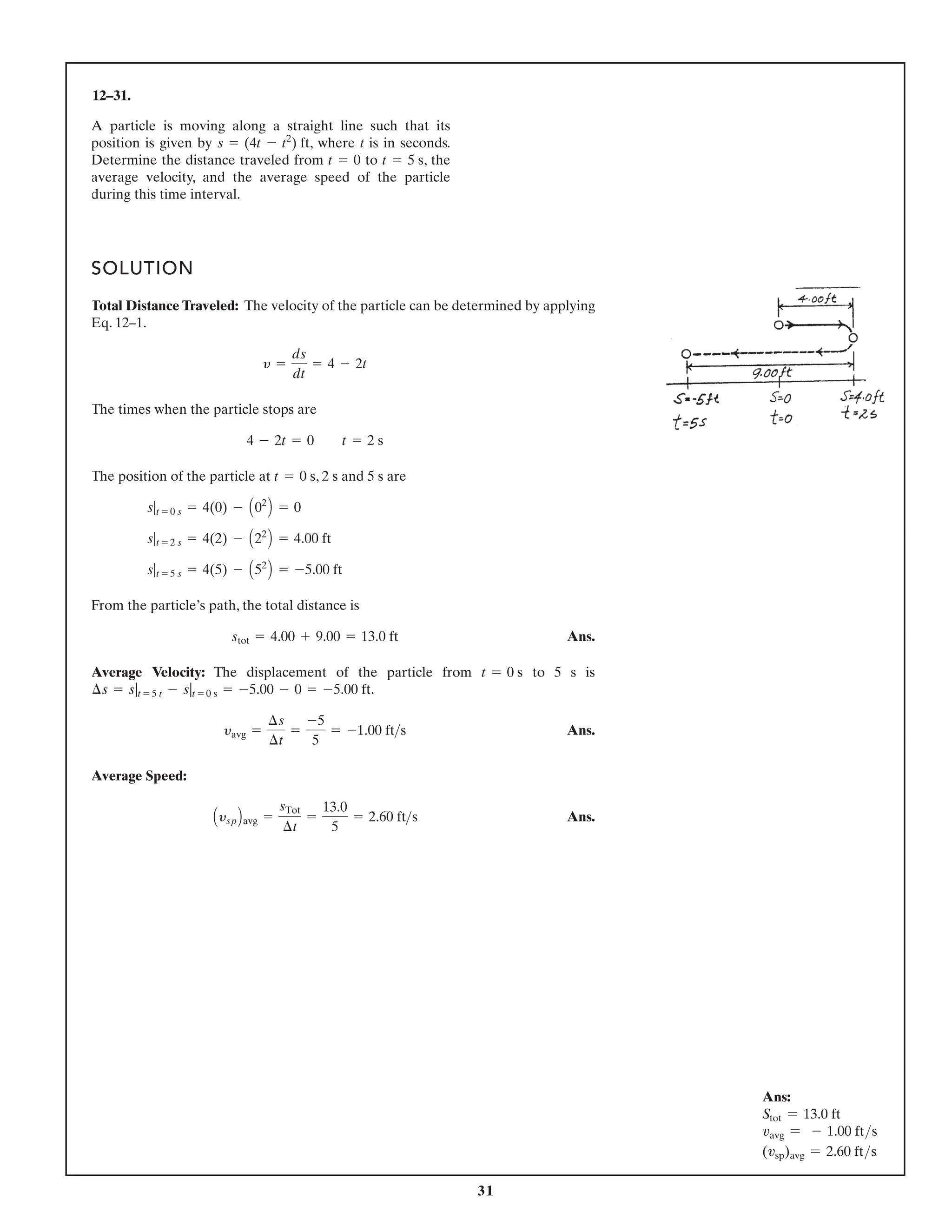 31
12–31.
A particle is moving along a straight line such that its
position is given by , where t is in seconds.
Determine the distance traveled from to , the
average velocity, and the average speed of the particle
during this time interval.
t = 5 s
t = 0
s = (4t - t2
) ft
SOLUTION
Total Distance Traveled: The velocity of the particle can be determined by applying
Eq. 12–1.
The times when the particle stops are
The position of the particle at , 2 s and 5 s are
From the particle’s path, the total distance is
Ans.
Average Velocity: The displacement of the particle from to 5 s is
.
Ans.
Average Speed:
Ans.
ysp avg =
sTot
¢t
=
13.0
5
= 2.60 ft s
yavg =
¢s
¢t
=
-5
5
= -1.00 fts
¢s = s|t = 5 t - s|t = 0 s = -5.00 - 0 = -5.00 ft
t = 0 s
stot = 4.00 + 9.00 = 13.0 ft
s|t = 5 s = 4(5) - A52
B = -5.00 ft
s|t = 2 s = 4(2) - A22
B = 4.00 ft
s|t = 0 s = 4(0) - A02
B = 0
t = 0 s
4 - 2t = 0 t = 2 s
y =
ds
dt
= 4 - 2t
Ans:
Stot = 13.0 ft
vavg = - 1.00 fts
(vsp)avg = 2.60 fts
 