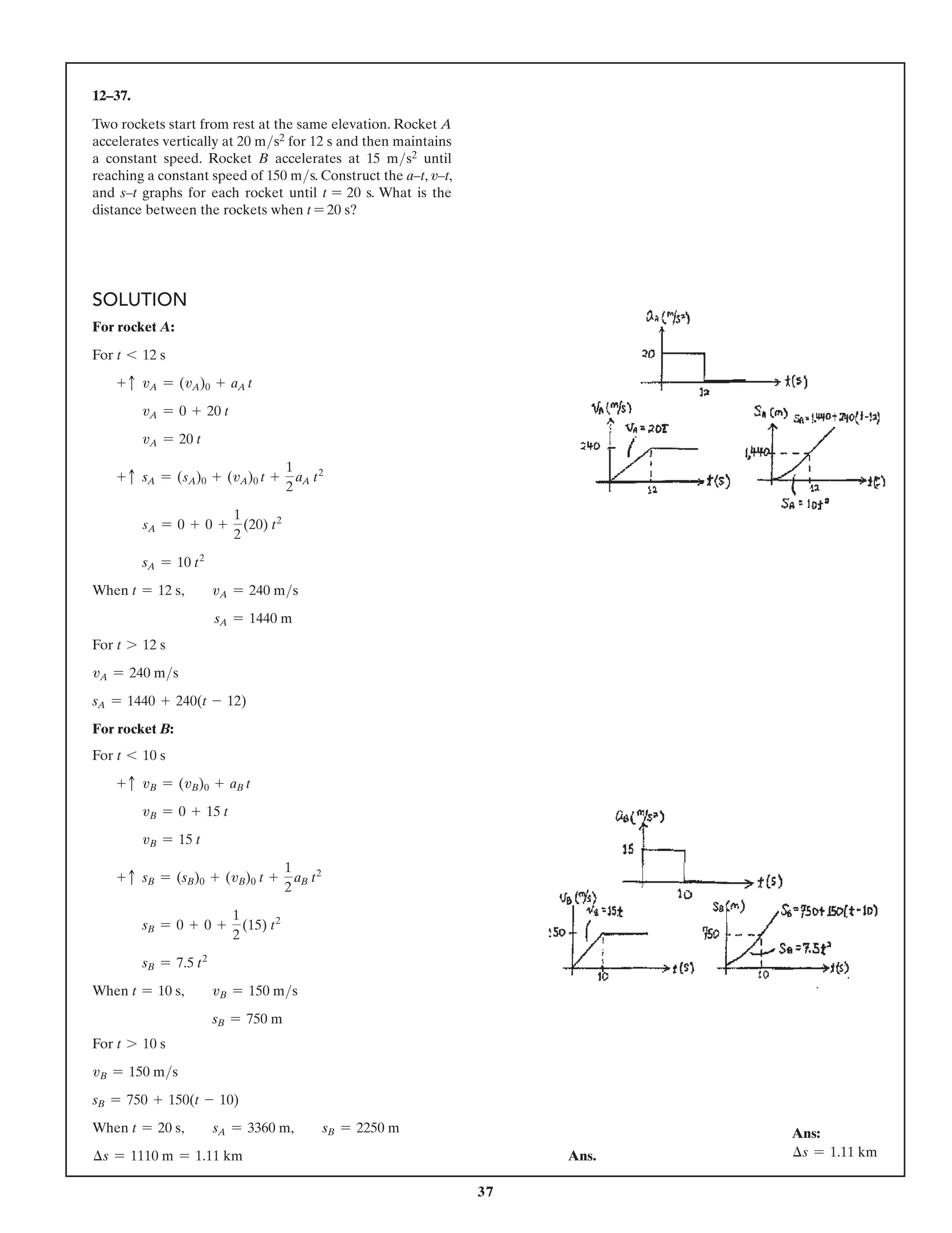 37
12–37.
Two rockets start from rest at the same elevation. Rocket A
accelerates vertically at 20 ms2 for 12 s and then maintains
a constant speed. Rocket B accelerates at 15 ms2 until
reaching a constant speed of 150 ms. Construct the a–t, v–t,
and s–t graphs for each rocket until t = 20 s. What is the
distance between the rockets when t = 20 s?
SOLUTION
For rocket A:
For t 6 12 s
+ c vA = (vA)0 + aA t
vA = 0 + 20 t
vA = 20 t
+ c sA = (sA)0 + (vA)0 t +
1
2
aA t2
sA = 0 + 0 +
1
2
(20) t2
sA = 10 t2
When t = 12 s, vA = 240 ms
sA = 1440 m
For t 7 12 s
vA = 240 ms
sA = 1440 + 240(t - 12)
For rocket B:
For t 6 10 s
+ c vB = (vB)0 + aB t
vB = 0 + 15 t
vB = 15 t
+ c sB = (sB)0 + (vB)0 t +
1
2
aB t2
sB = 0 + 0 +
1
2
(15) t2
sB = 7.5 t2
When t = 10 s, vB = 150 ms
		 sB = 750 m
For t 7 10 s
vB = 150 ms
sB = 750 + 150(t - 10)
When t = 20 s,  sA = 3360 m,  sB = 2250 m
∆s = 1110 m = 1.11 km Ans.
Ans:
∆s = 1.11 km
 