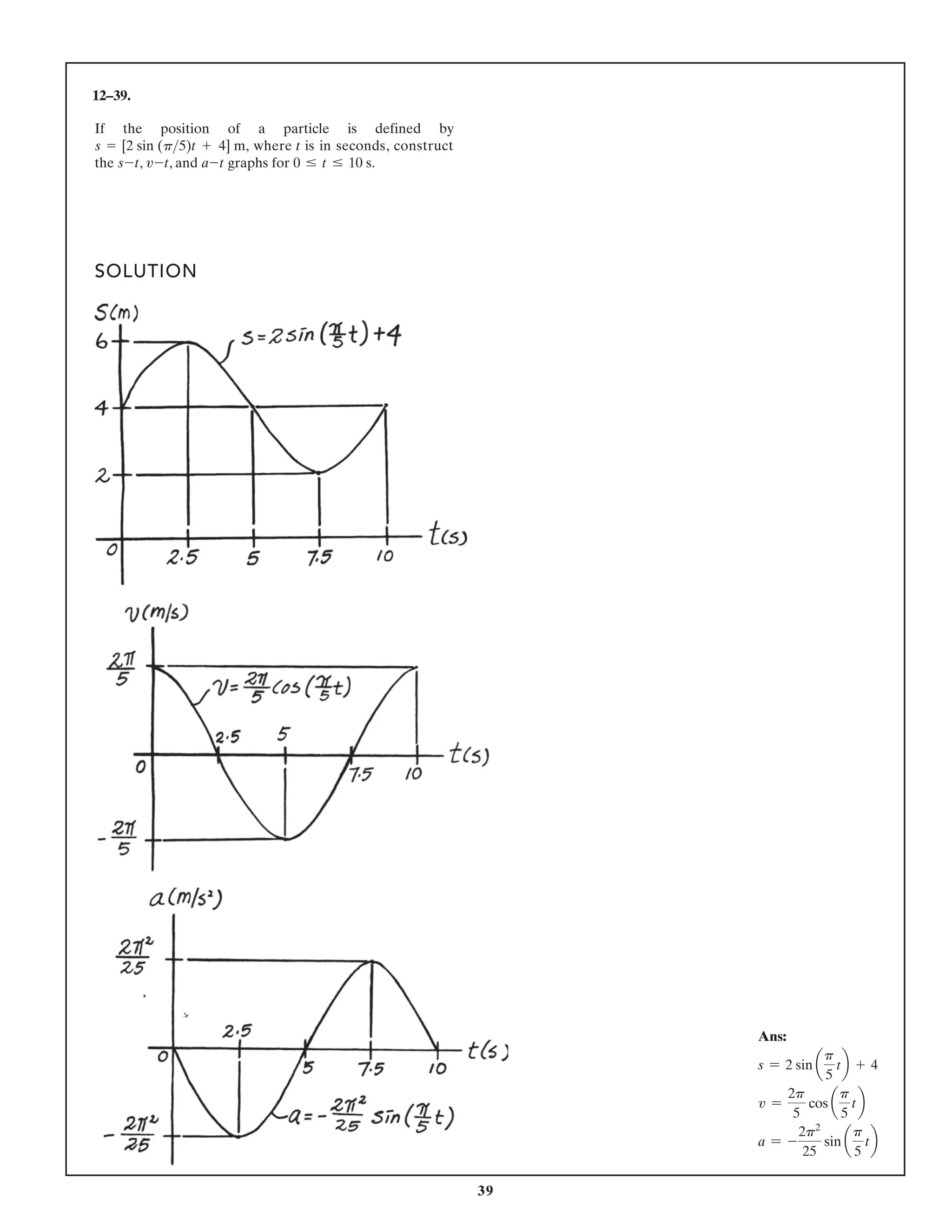 39
12–39.
SOLUTION
If the position of a particle is defined by
the , , and graphs for .
0 … t … 10 s
a-t
v-t
s-t
s = [2 sin (p5)t + 4] , where t is in seconds, construct
m
Ans:
s = 2 sin a
p
5
tb + 4
v =
2p
5
cos a
p
5
tb
a = -
2p2
25
sin a
p
5
tb
 