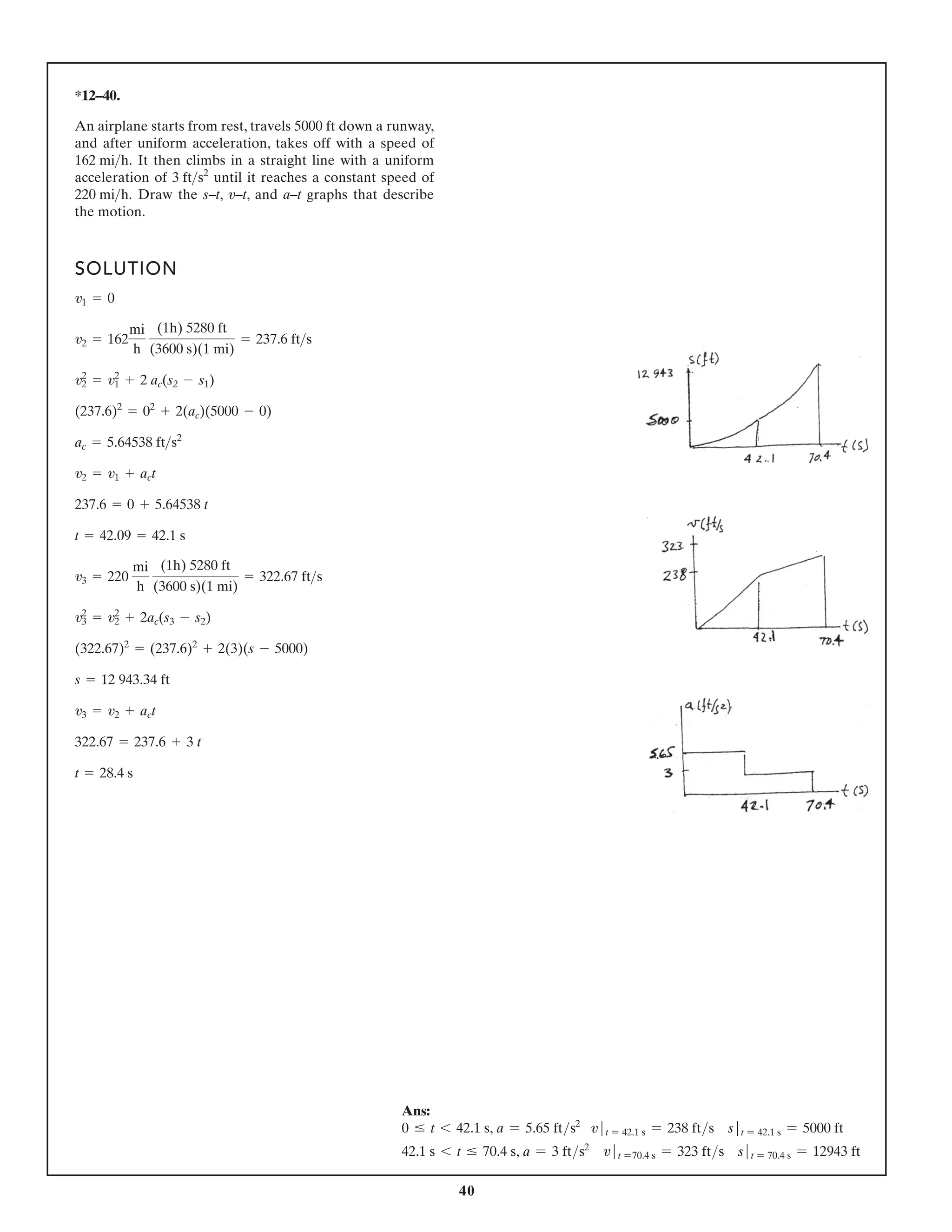 40
*12–40.
An airplane starts from rest, travels 5000 ft down a runway,
and after uniform acceleration, takes off with a speed of
It then climbs in a straight line with a uniform
acceleration of until it reaches a constant speed of
Draw the s–t, v–t, and a–t graphs that describe
the motion.
220 mih.
3 fts2
162 mih.
SOLUTION
t = 28.4 s
322.67 = 237.6 + 3 t
v3 = v2 + act
s = 12 943.34 ft
(322.67)2
= (237.6)2
+ 2(3)(s - 5000)
v2
3 = v2
2 + 2ac(s3 - s2)
v3 = 220
mi
h
(1h) 5280 ft
(3600 s)(1 mi)
= 322.67 fts
t = 42.09 = 42.1 s
237.6 = 0 + 5.64538 t
v2 = v1 + act
ac = 5.64538 fts2
(237.6)2
= 02
+ 2(ac)(5000 - 0)
v2
2 = v2
1 + 2 ac(s2 - s1)
v2 = 162
mi
h
(1h) 5280 ft
(3600 s)(1 mi)
= 237.6 fts
v1 = 0
Ans:
0 … t 6 42.1 s, a = 5.65 fts2
vt = 42.1 s = 238 fts s t = 42.1 s = 5000 ft
42.1 s 6 t … 70.4 s, a = 3 fts2
vt =70.4 s = 323 fts s t = 70.4 s = 12943 ft
 