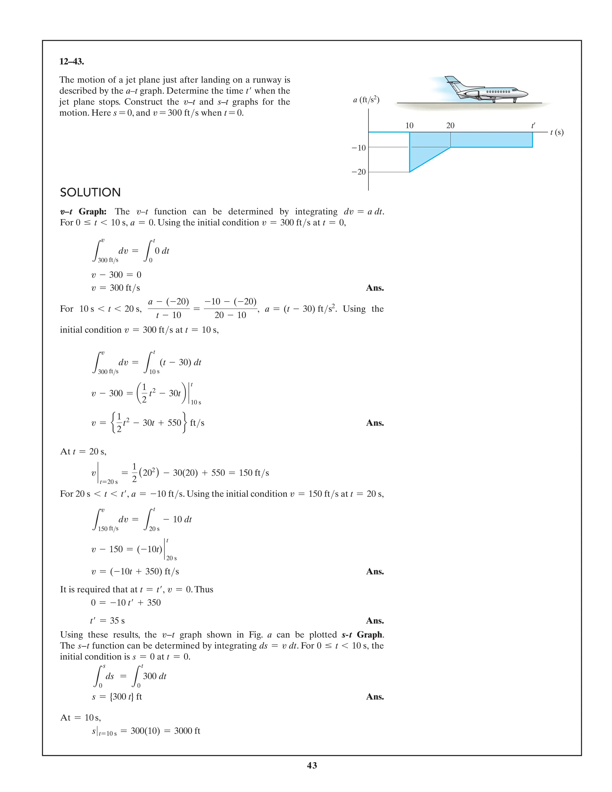 43
SOLUTION
v–t Graph: The v–t function can be determined by integrating dv = a dt.
For 0 … t 6 10 s, a = 0. Using the initial condition v = 300 fts at t = 0,
L
300 fts
dv =
L
t
0
0 dt
v - 300 = 0
v = 300 fts Ans.
For 10 s 6 t 6 20 s,
a - (-20)
t - 10
=
-10 - (-20)
20 - 10
, a = (t - 30) fts2
. Using the
initial condition v = 300 fts at t = 10 s,
L
300 fts
dv =
L
t
10 s
(t - 30) dt
v - 300 = a
1
2
t2
- 30tb `
10 s
t
v = e
1
2
t2
- 30t + 550f fts Ans.
At t = 20 s,
v `
t=20 s
=
1
2
(202
) - 30(20) + 550 = 150 fts
For 20 s 6 t 6 t′, a = -10 fts. Using the initial condition v = 150 fts at t = 20 s,
L
150 fts
dv =
L
t
20 s
- 10 dt
v - 150 = (-10t) `
t
20 s
v = (-10t + 350) fts Ans.
It is required that at t = t′, v = 0.Thus
0 = -10 t′ + 350
t′ = 35 s Ans.
Using these results, the v9t graph shown in Fig. a can be plotted s-t Graph.
The s9t function can be determined by integrating ds = v dt. For 0 … t 6 10 s, the
initial condition is s = 0 at t = 0.
L
s
0
ds =
L
t
0
300 dt
s = {300 t} ft Ans.
At = 10 s,
s 0 t=10 s = 300(10) = 3000 ft
12–43.
The motion of a jet plane just after landing on a runway is
described by the a–t graph. Determine the time t′ when the
jet plane stops. Construct the v–t and s–t graphs for the
motion. Here s = 0, and v = 300 fts when t = 0.
t (s)
10
a (ft/s2
)
10
20 t¿
20
v
v
v
 