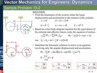 © 2013 The McGraw-Hill Companies, Inc. All rights reserved.
Vector Mechanics for Engineers: Dynamics
Tenth
Edition
Sample Problem 19.2
19 - 16
SOLUTION:
• From the kinematics of the system, relate the linear
displacement and acceleration to the rotation of the cylinder.

r
x  
 r
x 2
2 


 

r
r
a 


 


 


r
a 
• Based on a free-body-diagram equation for the equivalence of
the external and effective forces, write the equation of motion.
  :

  eff
A
A M
M   
I
r
a
m
r
T
Wr 

 2
2
 

 r
k
W
k
T
T 2
but 2
1
0
2 



• Substitute the kinematic relations to arrive at an equation
involving only the angular displacement and acceleration.
    
0
3
8
2
2 2
2
1
2
1











m
k
mr
r
r
m
r
kr
W
Wr




m
k
n
3
8


k
m
n
n
8
3
2
2



 

m
k
f n
n
3
8
2
1
2 




 