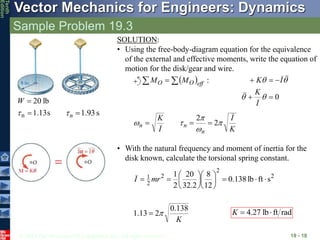 © 2013 The McGraw-Hill Companies, Inc. All rights reserved.
Vector Mechanics for Engineers: Dynamics
Tenth
Edition
Sample Problem 19.3
19 - 18
s
13
.
1
lb
20
n 


W
s
93
.
1

n

SOLUTION:
• Using the free-body-diagram equation for the equivalence
of the external and effective moments, write the equation of
motion for the disk/gear and wire.
  :

  eff
O
O M
M
0









I
K
I
K




K
I
I
K
n
n
n 



 2
2



• With the natural frequency and moment of inertia for the
disk known, calculate the torsional spring constant.
2
2
2
2
1 s
ft
lb
138
.
0
12
8
2
.
32
20
2
1
















 mr
I
K
138
.
0
2
13
.
1 
 rad
ft
lb
27
.
4 

K
 
