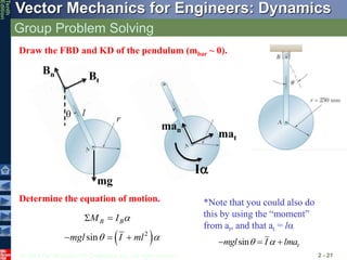 © 2013 The McGraw-Hill Companies, Inc. All rights reserved.
Vector Mechanics for Engineers: Dynamics
Tenth
Edition
Group Problem Solving
2 - 21
Draw the FBD and KD of the pendulum (mbar ~ 0).
Bn Bt
man
mat
I
mg
Determine the equation of motion.
B B
M I 
 
 
2
sin
mgl I ml
 
   sin t
mgl I lma
 
  
*Note that you could also do
this by using the “moment”
from at, and that at = l
 l
r
 