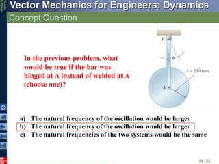 © 2013 The McGraw-Hill Companies, Inc. All rights reserved.
Vector Mechanics for Engineers: Dynamics
Tenth
Edition
19 - 23
Concept Question
In the previous problem, what
would be true if the bar was
hinged at A instead of welded at A
(choose one)?
a) The natural frequency of the oscillation would be larger
b) The natural frequency of the oscillation would be larger
c) The natural frequencies of the two systems would be the same
 