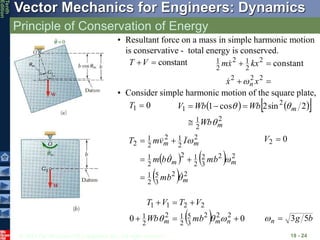 © 2013 The McGraw-Hill Companies, Inc. All rights reserved.
Vector Mechanics for Engineers: Dynamics
Tenth
Edition
Principle of Conservation of Energy
19 - 24
• Resultant force on a mass in simple harmonic motion
is conservative - total energy is conserved.
constant

V
T




2
2
2
2
2
1
2
2
1 constant
x
x
kx
x
m
n



• Consider simple harmonic motion of the square plate,
0
1 
T    
 
2
2
1
2
1 2
sin
2
cos
1
m
m
Wb
Wb
Wb
V







   
  2
2
3
5
2
1
2
2
3
2
2
1
2
2
1
2
2
1
2
2
1
2
m
m
m
m
m
mb
mb
b
m
I
v
m
T










 0
2 
V
  0
0 2
2
2
3
5
2
1
2
2
1
2
2
1
1






n
m
m mb
Wb
V
T
V
T


 b
g
n 5
3


 